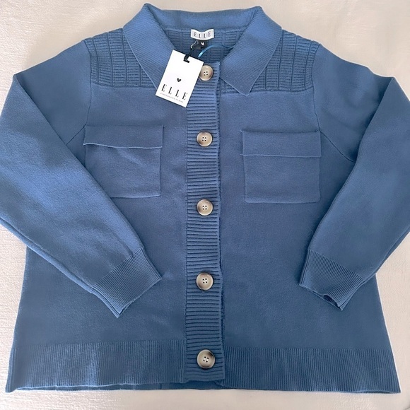 ELLE Women’s Blue Collared Button Down Sweater Size Medium - Picture 1 of 8
